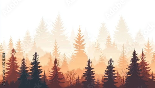Silhouetted forest landscape, warm colors, soft focus