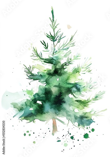Watercolor Painting of a Green Evergreen Tree