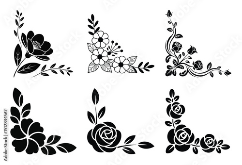 Six black and white floral corner designs