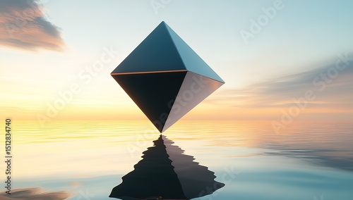 Geometric Pyramid Floating Over Water At Sunset