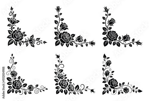 Six black and white rose corner designs