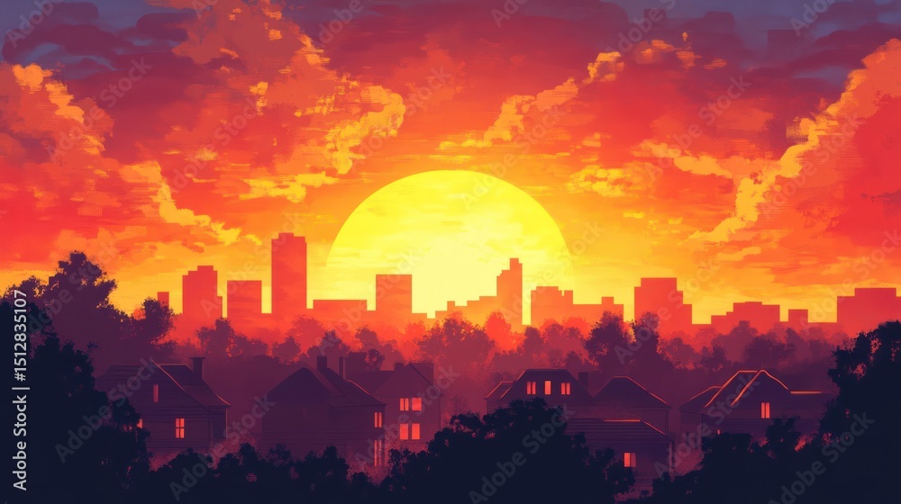 Fototapeta premium Cityscape silhouette at sunset with vibrant sky and warm glowing sunlight