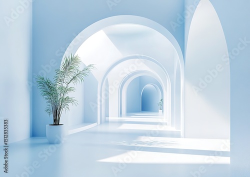 Light Filled White Archway Corridor With Plant