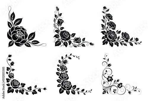 Six black silhouette rose corner designs