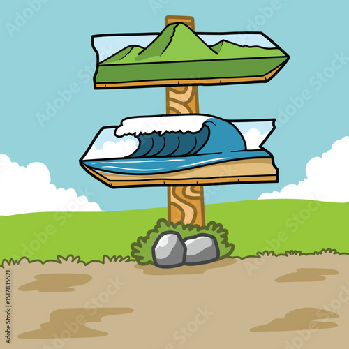 Directional sign with illustration pointing to the sea and mountains, flat illustration for summer