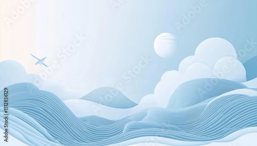 Digital Pastel Blue Landscape With Airplane