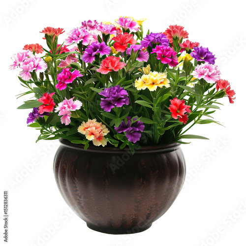 Wallpaper Mural Dianthus Flower Arrangement In Pot. Colorful Dianthus Flowers With Green Leaves In A Brown Pot, On A White Background. Torontodigital.ca