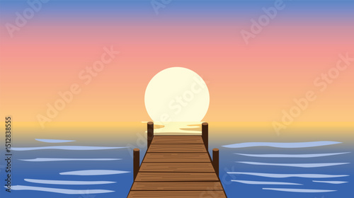 A wooden pier extends into the sea towards a large, glowing sunset in a calm, colorful sky