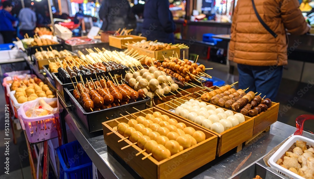 Fototapeta premium Delicious Asian Street Food Variety of Skewered Snacks at Night Market.