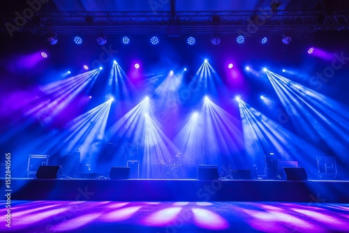 Concert stage with vibrant purple and blue spotlights shining through fog in an empty venue