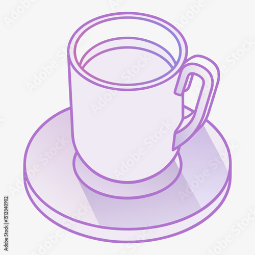 Isometric cup and saucer in purple outline design on white background  
