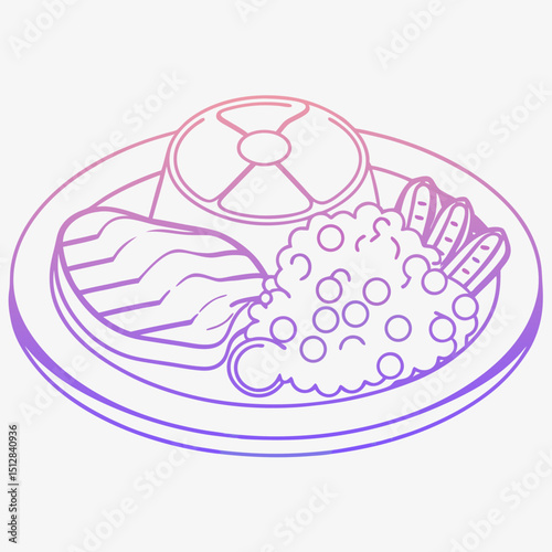 Isometric dinner plate with seafood, rice, and vegetables in outline style  
