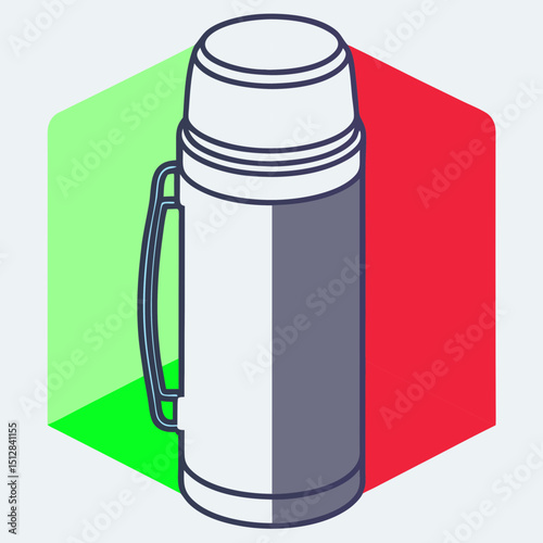 Isometric thermos flask illustration with vibrant geometric background  