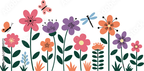 Background and banner decorated with pastel colors blooming flowers and leaves. Spring, Easter, Summer theme with dragonfly, butterfly and bee. Flat folk geometric style
