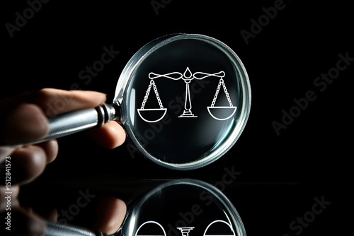 Magnifying glass focuses on a scale of justice
