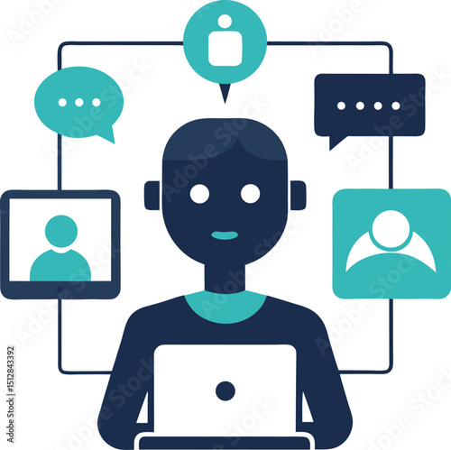 Data Security Shield and Encryption Technology, Startup Team Brainstorming AI and Cloud Tech, Chatbot and AI Assistant Interaction Silhouette Illustration
