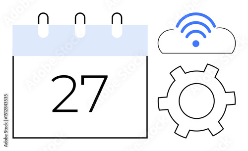 Calendar displaying 27, cloud with wireless signal, and gear icon suggesting scheduling, connectivity, and system settings. Ideal for productivity, planning, remote work, technology digital