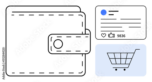 Wallet icon, shopping cart illustration, and social media metrics with thumbs ups and shares. Ideal for online shopping, e-commerce, social media marketing, financial apps, digital payments, consumer
