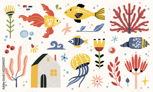 Folk hygge ocean clip arts, hand drawn vector set in Scandinavian Nordic style, isolated on white. Collection of classic ethnic elements. The scandi folk motifs - fishes, flowers, and sea animals set