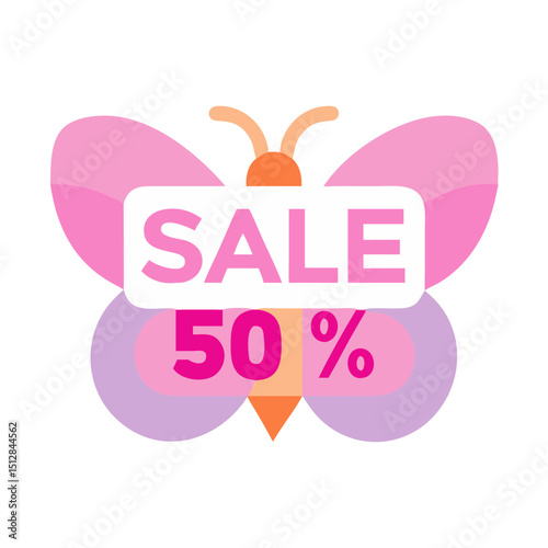A butterfly illustration with "SALE" and "50%" text on its body. Suitable for spring sales and promotions related to beauty or nature.