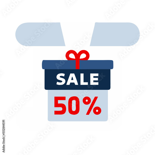 A white gift box with a light blue ribbon and a red "SALE 50%" tag. Use this for promotions, gift sales, or discount announcements on websites/blogs.