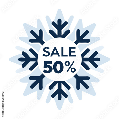 A snowflake-shaped sale badge with "SALE 50%". Use for winter promotions, seasonal discounts, or holiday sales announcements.