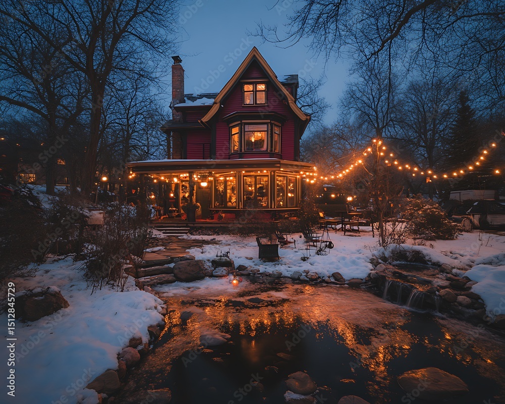 Fototapeta premium Cozy winter house by a stream