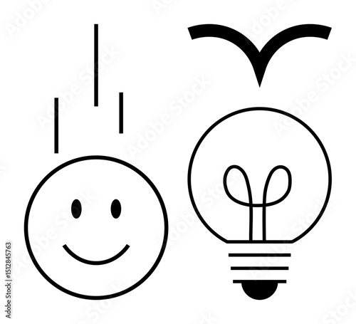 happy face with falling lines next to a light bulb and a bird-thumbs up design. Ideal for creativity, positivity, inspiration, idea generation, motivation, problem-solving, teamwork, flat simple