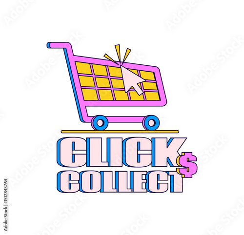 Shopping cart with a pointer arrow and bold text for a click and collect service in cartoon hand drawn illustration vector icon badge for shopping
