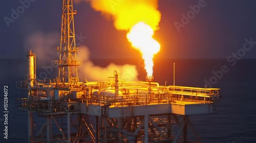 Oil rig fire burns brightly at night while surrounded by the ocean waves