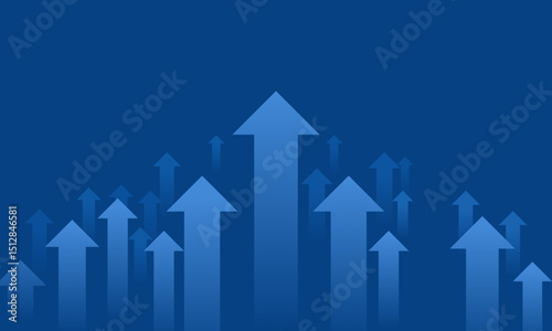 Abstract blue vector illustration of multiple arrows pointing upward, representing business growth, leadership, success, and economic improvement.