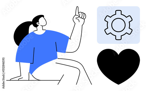 Woman sitting and pointing upward with confidence, next to a gear for ideas and a heart for passion. Ideal for teamwork, creativity, problem solving, mindfulness, personal growth, innovation, simple