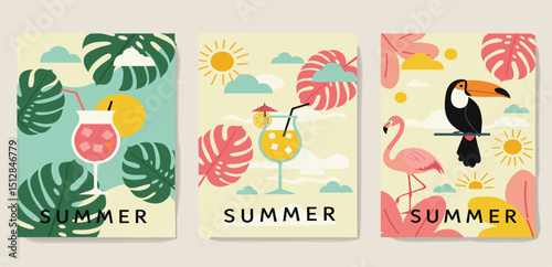 Colorful summer backgrounds with tropical leaves and birds. Bright modern illustration with color gradient.