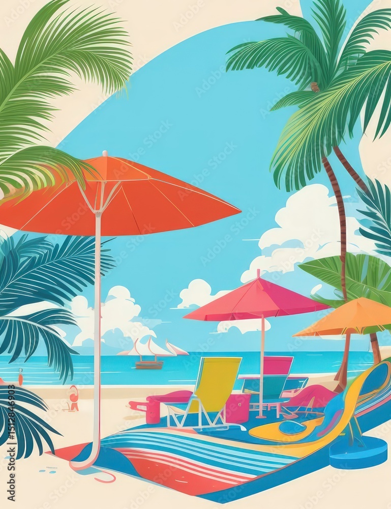 Obraz premium Summer Vacation Beach Illustration — Flat Vector with Palm Trees, Coconut Drink, and Sunset