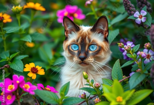 Serene blue-eyed Siamese cat amid vibrant garden foliage,  flowers,  animal art