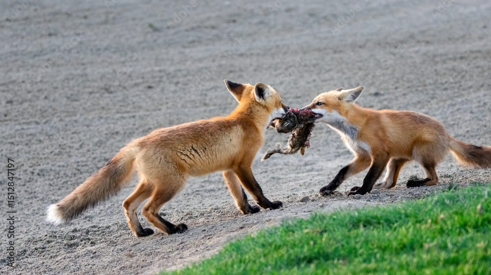 Fototapeta premium A pair of red foxes fighting over a dead squirrel
