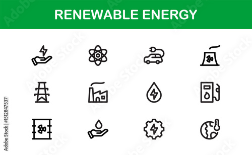 Sustainable and Renewable Energy Icons Showcasing Solar Panels, Wind Turbines, Eco Power, and Clean Electricity in a Professional Vector Design