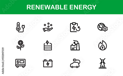 Sustainable and Renewable Energy Icons Showcasing Solar Panels, Wind Turbines, Eco Power, and Clean Electricity in a Professional Vector Design