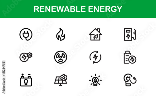 Sustainable and Renewable Energy Icons Showcasing Solar Panels, Wind Turbines, Eco Power, and Clean Electricity in a Professional Vector Design