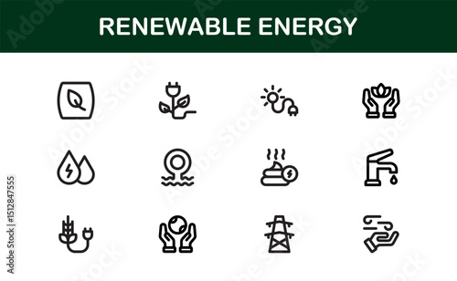 Sustainable and Renewable Energy Icons Showcasing Solar Panels, Wind Turbines, Eco Power, and Clean Electricity in a Professional Vector Design