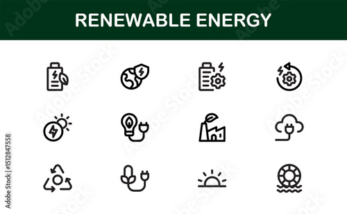 Sustainable and Renewable Energy Icons Showcasing Solar Panels, Wind Turbines, Eco Power, and Clean Electricity in a Professional Vector Design