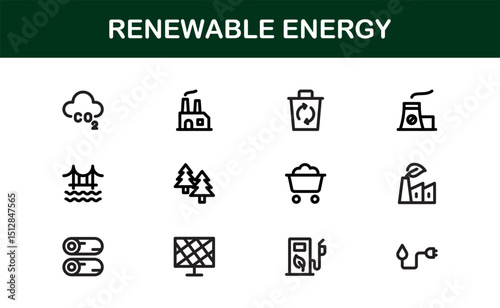 Sustainable and Renewable Energy Icons Showcasing Solar Panels, Wind Turbines, Eco Power, and Clean Electricity in a Professional Vector Design