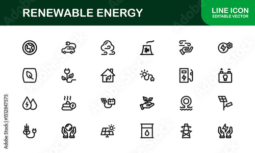 Sustainable and Renewable Energy Icons Showcasing Solar Panels, Wind Turbines, Eco Power, and Clean Electricity in a Professional Vector Design