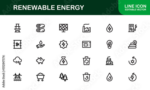 Sustainable and Renewable Energy Icons Showcasing Solar Panels, Wind Turbines, Eco Power, and Clean Electricity in a Professional Vector Design