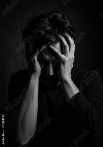 Man holding his head, experiencing pain and distress, representing mental health issues, a person suffering from a migraine headache or depression.