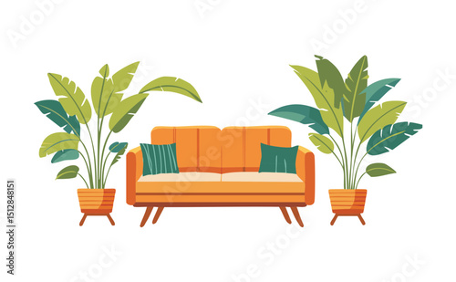 Orange Two-Seater Sofa with Indoor Plants