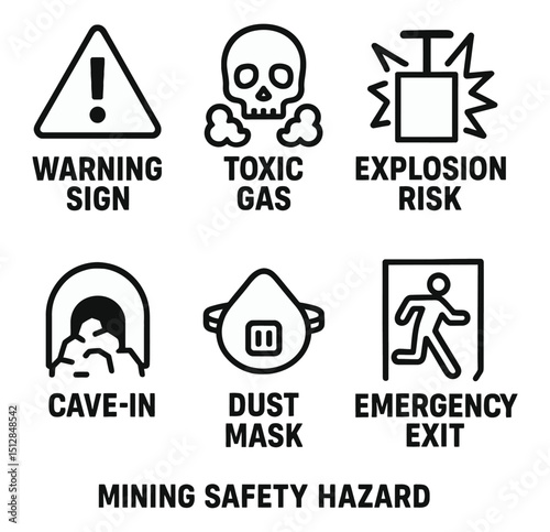 Mining Safety and Hazard Icons – Black and White Vector Set for Industrial Training