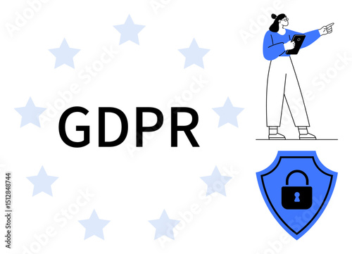 GDPR text surrounded by stars, woman pointing with a tablet, and a secure lock on a shield. Ideal for data protection, privacy policy, compliance, security, legal, education simple landing page