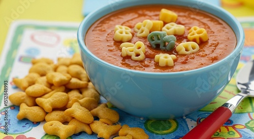 A vibrant photo captures a comforting bowl of soup, filled with pasta shapes and a side of crispy crackers, perfect for a delicious meal.