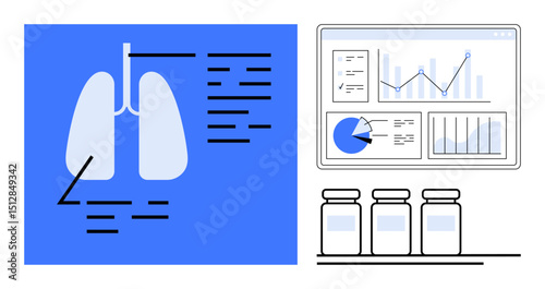 Diagram of human lungs with labeled sections, analytics dashboard displaying charts and graphs, and a trio of medicine bottles. Ideal for healthcare, medical research, pharmaceutical industry, data